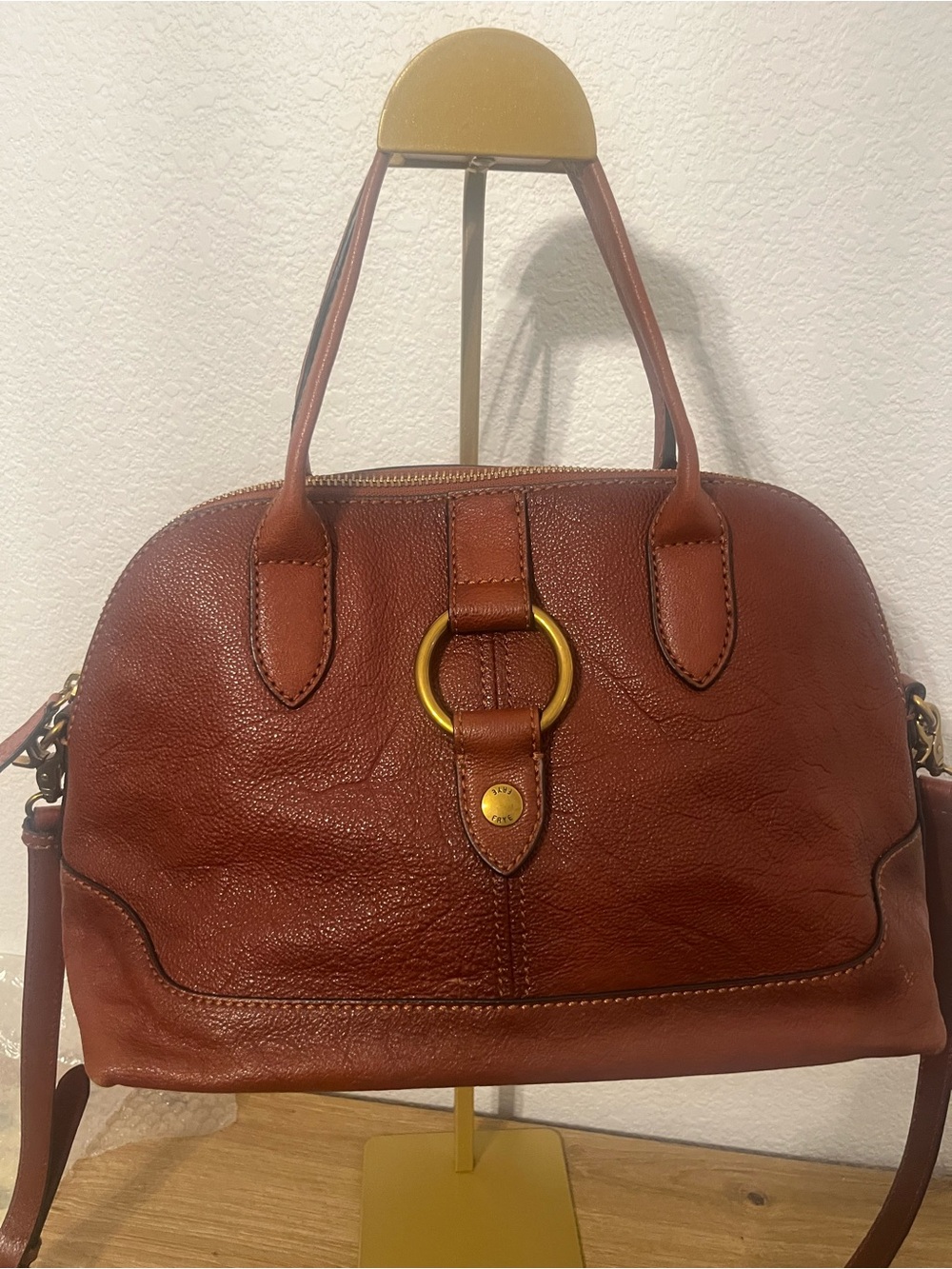 FRYE Cognac Leather Ring Dome Satchel Crossbody Bag Dust Bag & Gift Box Included